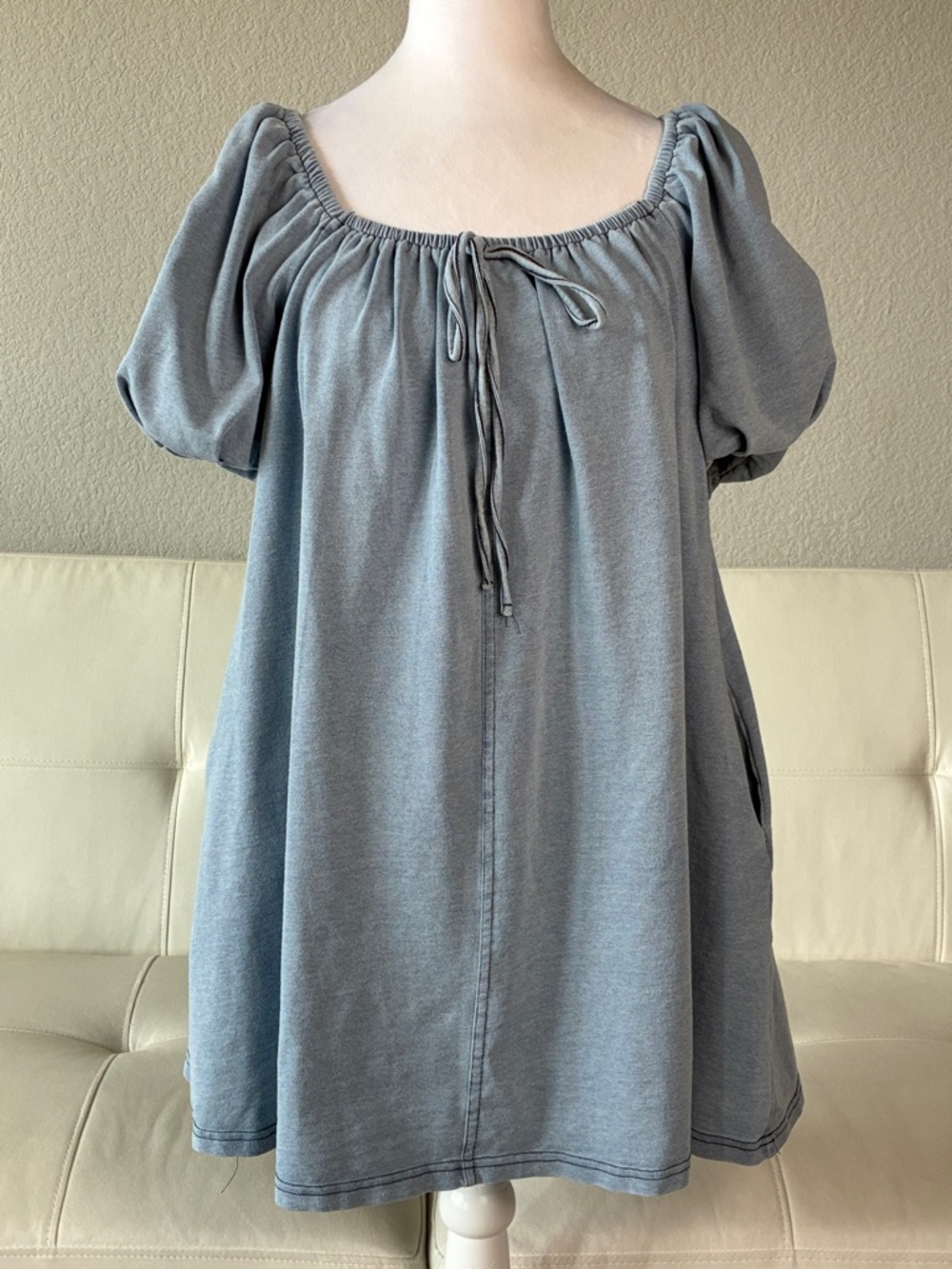 Exlura Relaxed Slate-Blue Peasant Tunic with Elastic Tie Neck - Xtra Small
